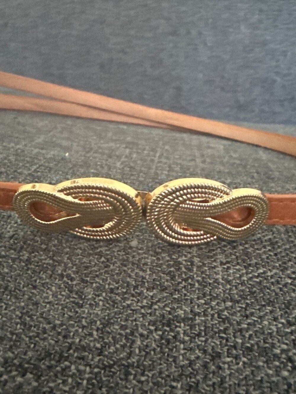 Thin Brown Faux Leather Belt Gold-Tone Knot Buckle Womens Adjustable 26-49 In